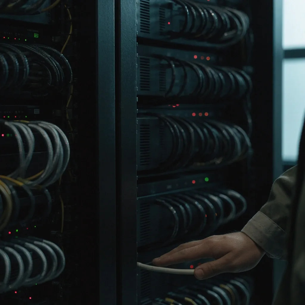 A rack of network equipment in a dim server room with cabling and an engineer's hand