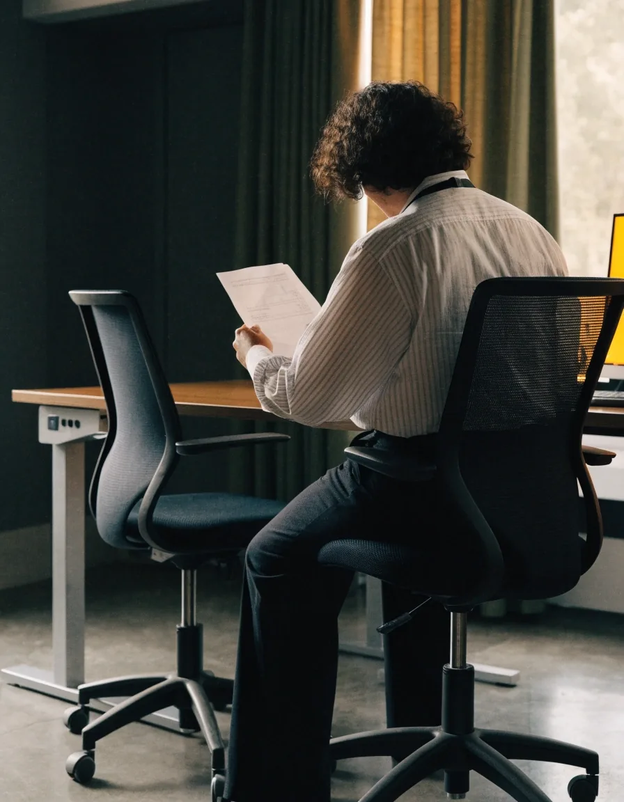 An instructor reviewing lab material at a standing desk in the academy office
