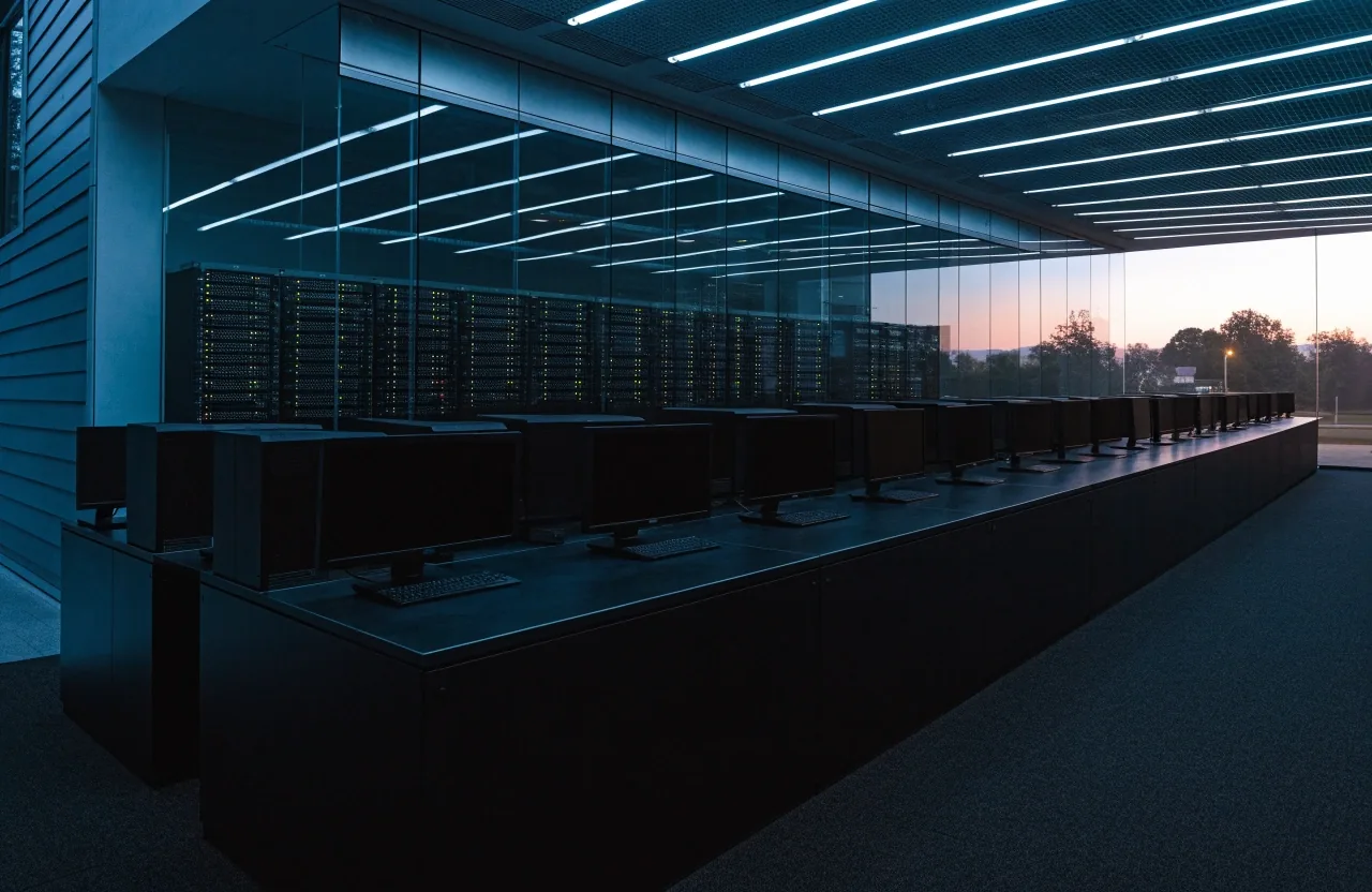 Interior view of a modern IT training floor with desks and clerestory daylight