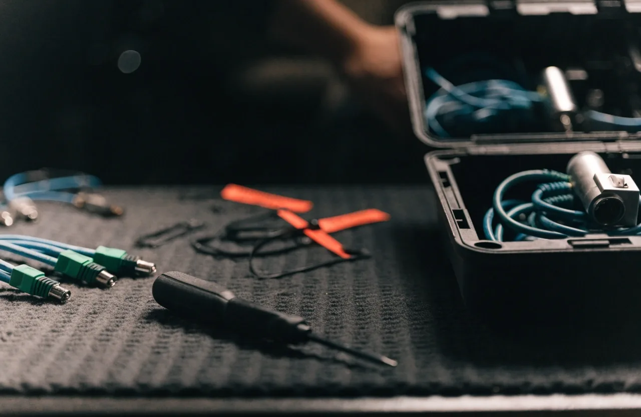 A rack of network equipment and tidy cabling in a dim server room, the kind of hands-on environment covered in the DevOps and cybersecurity labs
