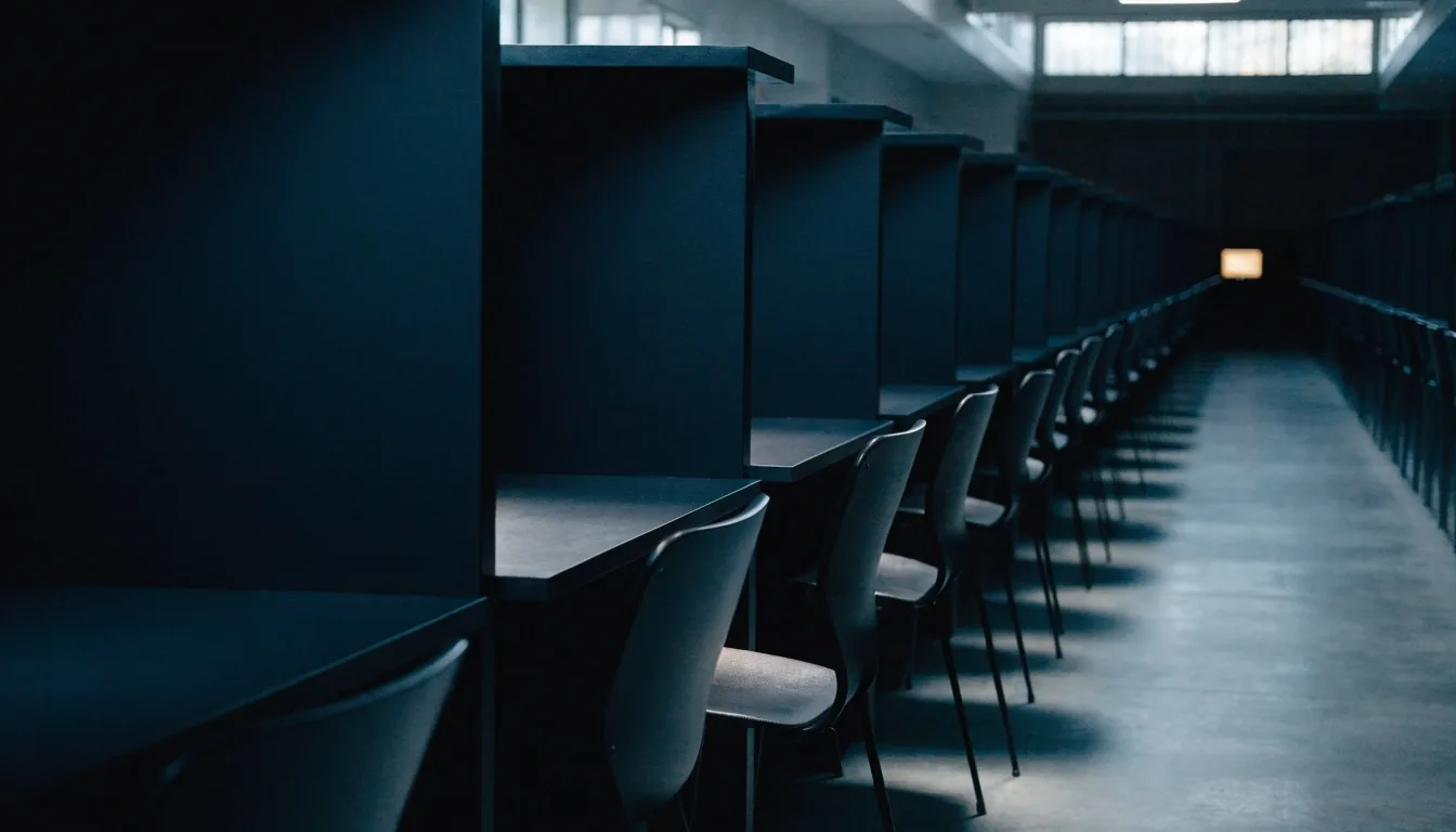 An empty study corridor with matte carrels in cool daylight, one warm glow far down the row
