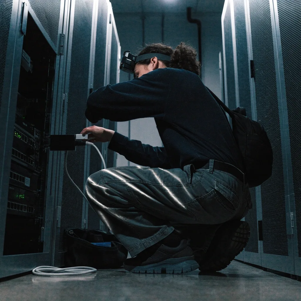 Hands terminating network cables at a patch panel in a dim server aisle