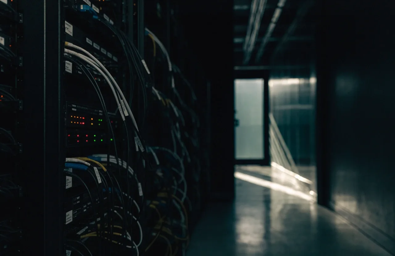 Network equipment rack and dressed cabling in a dim server room under cool daylight