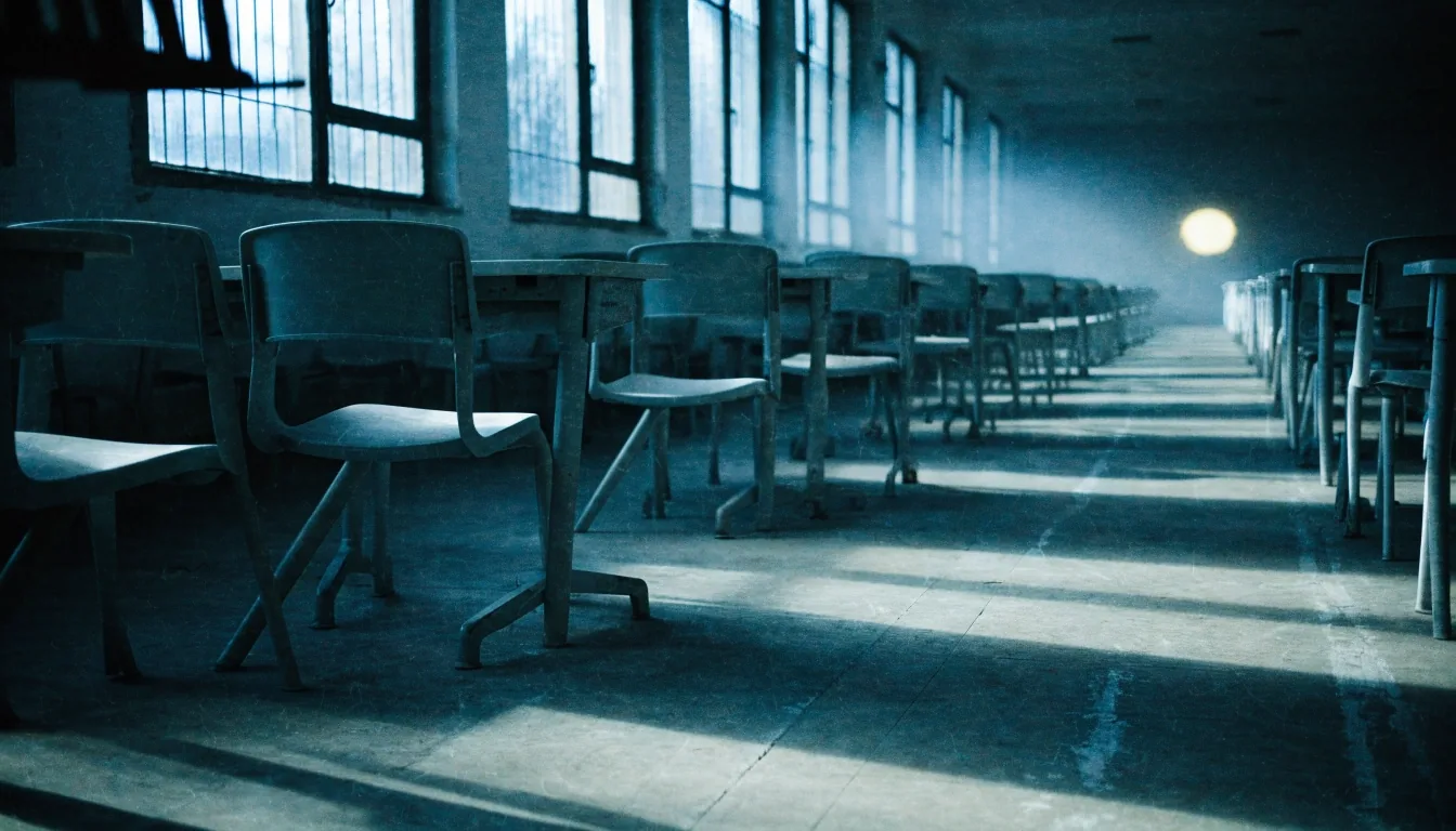An empty classroom's back rows with chairs receding toward a soft out-of-focus projector glow