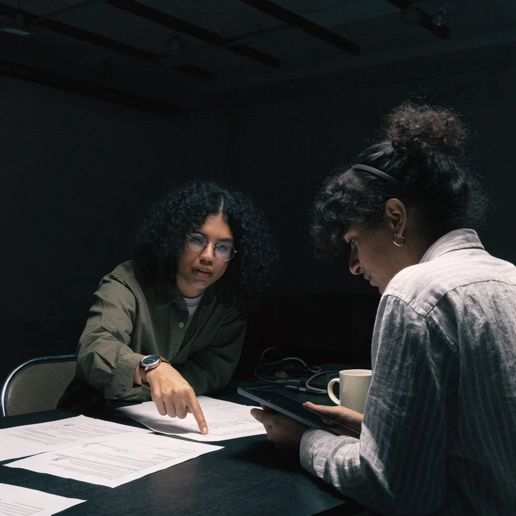 Curriculum designer and instructor reviewing a draft course outline together at a desk in a dim studio