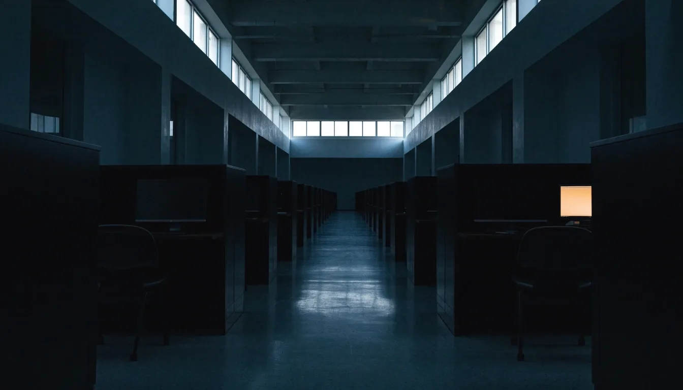 A wide study corridor lined with empty carrels and chairs under cool morning daylight