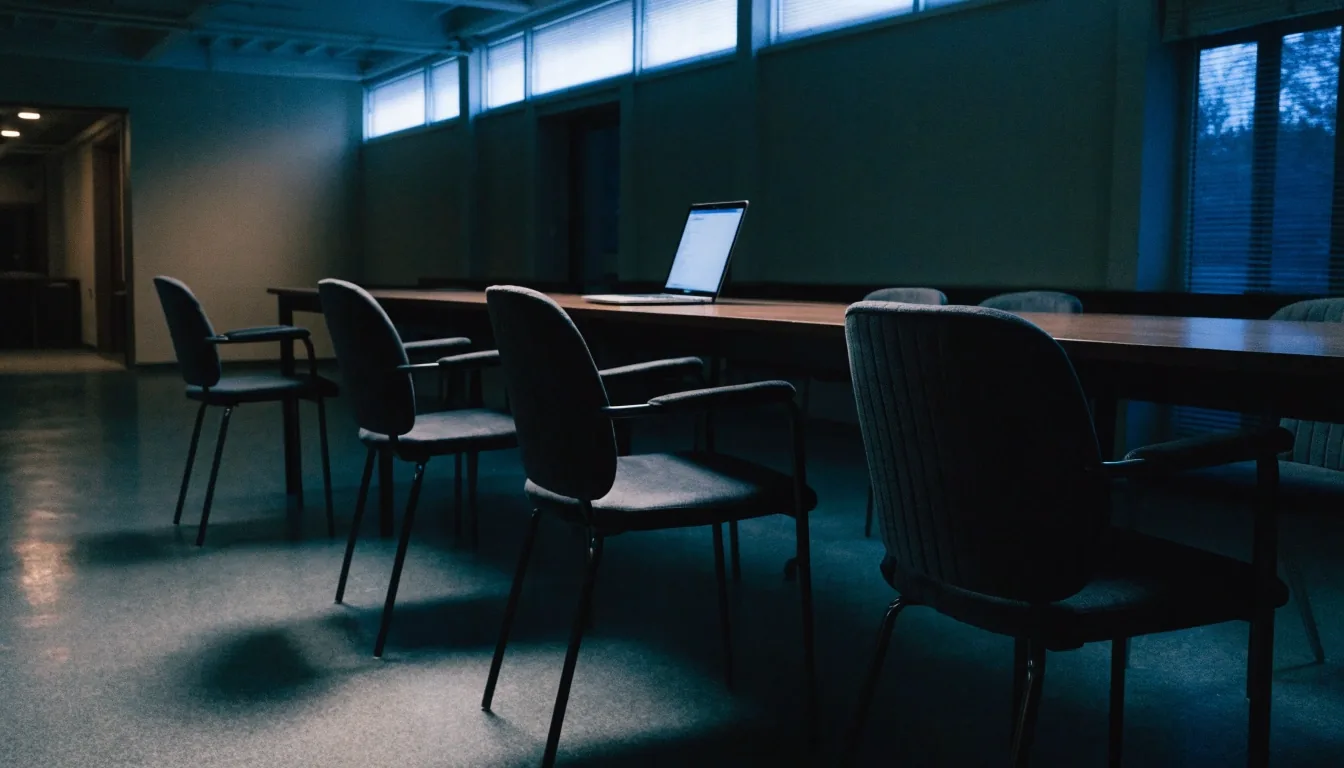 Empty seats at a study table in the evening, with one laptop still open at the far end